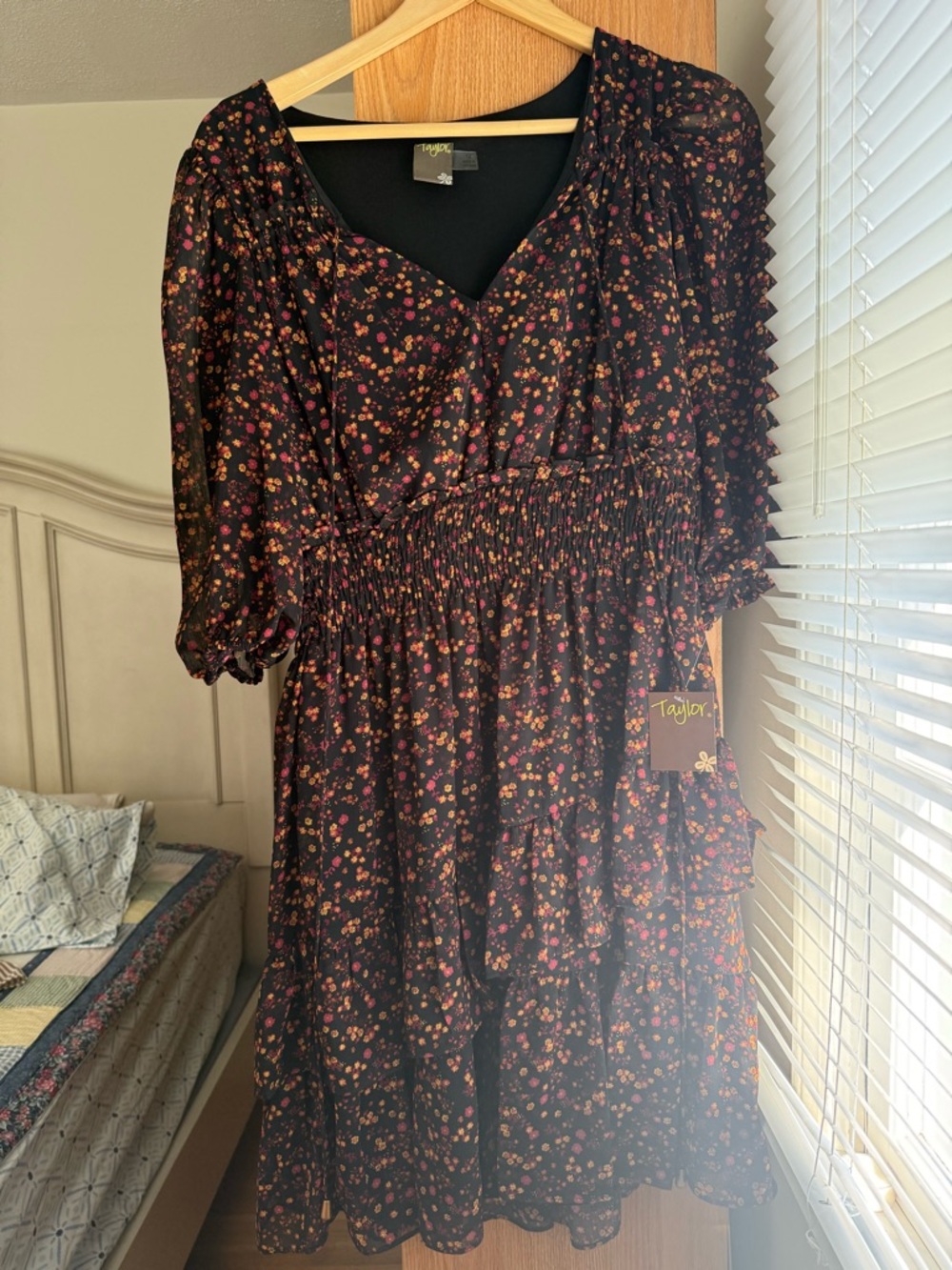 Taylor Black Floral Midi Dress with Pink and Orange Blossoms